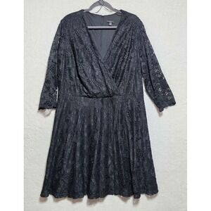 R&K Women's Black Floral Lace V-Neck Fit & Flare Cocktail Dress 20W 3/4 Sleeve